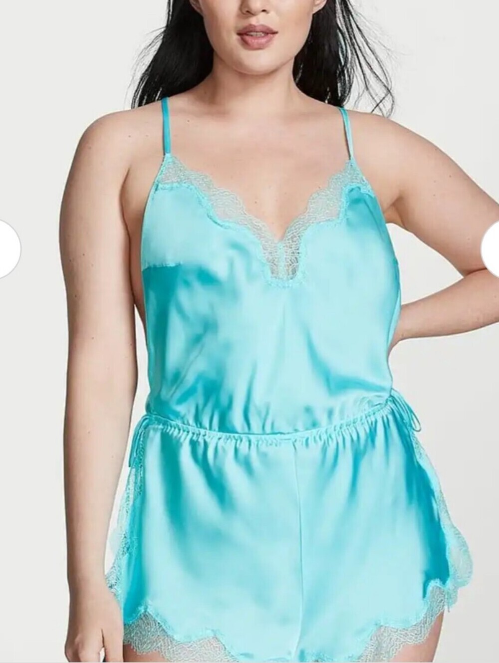 Victoria's Secret Cool Aqua Satin Side-Tie Romper (XL)